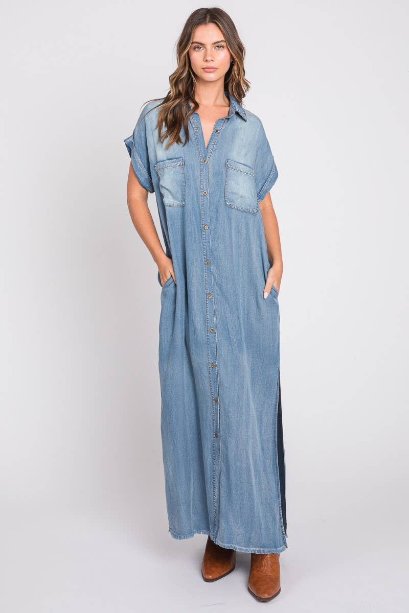 SB326 Bleachout Denim Maxi Dress