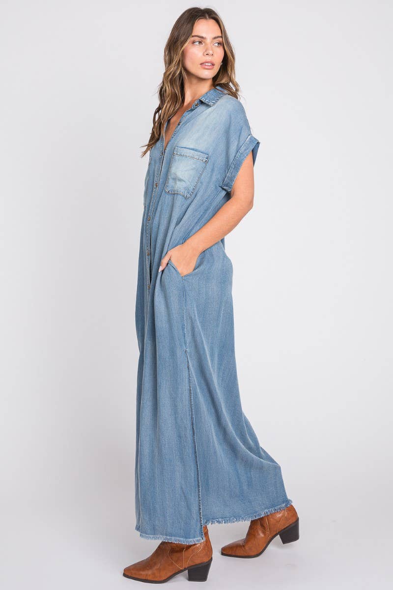 SB326 Bleachout Denim Maxi Dress