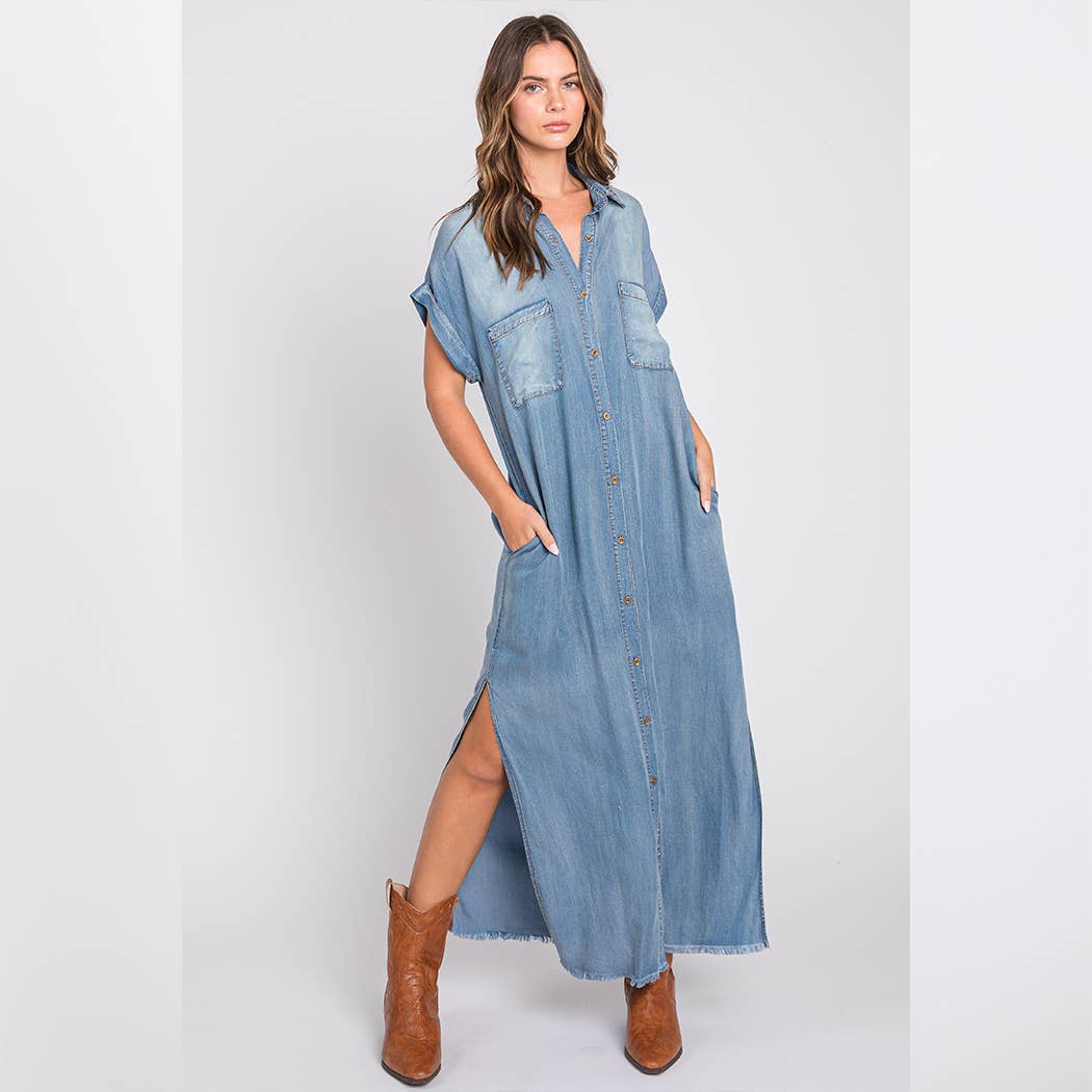SB326 Bleachout Denim Maxi Dress