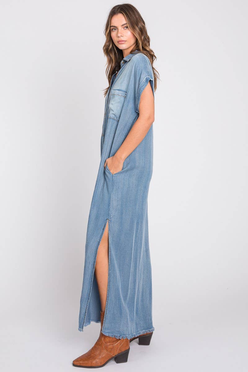 SB326 Bleachout Denim Maxi Dress