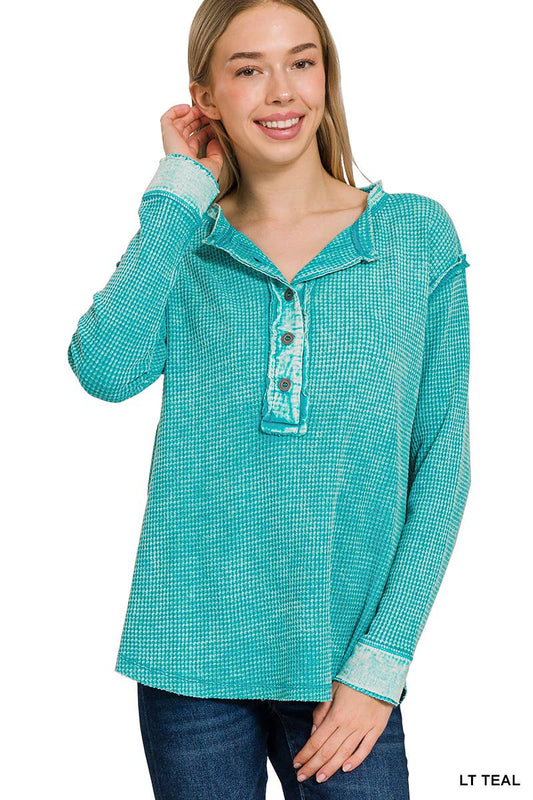 SB283 WASHED WAFFLE RAW EDGE HENLEY