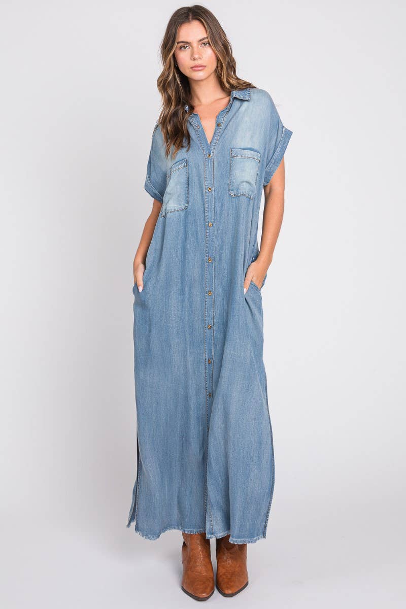 SB326 Bleachout Denim Maxi Dress